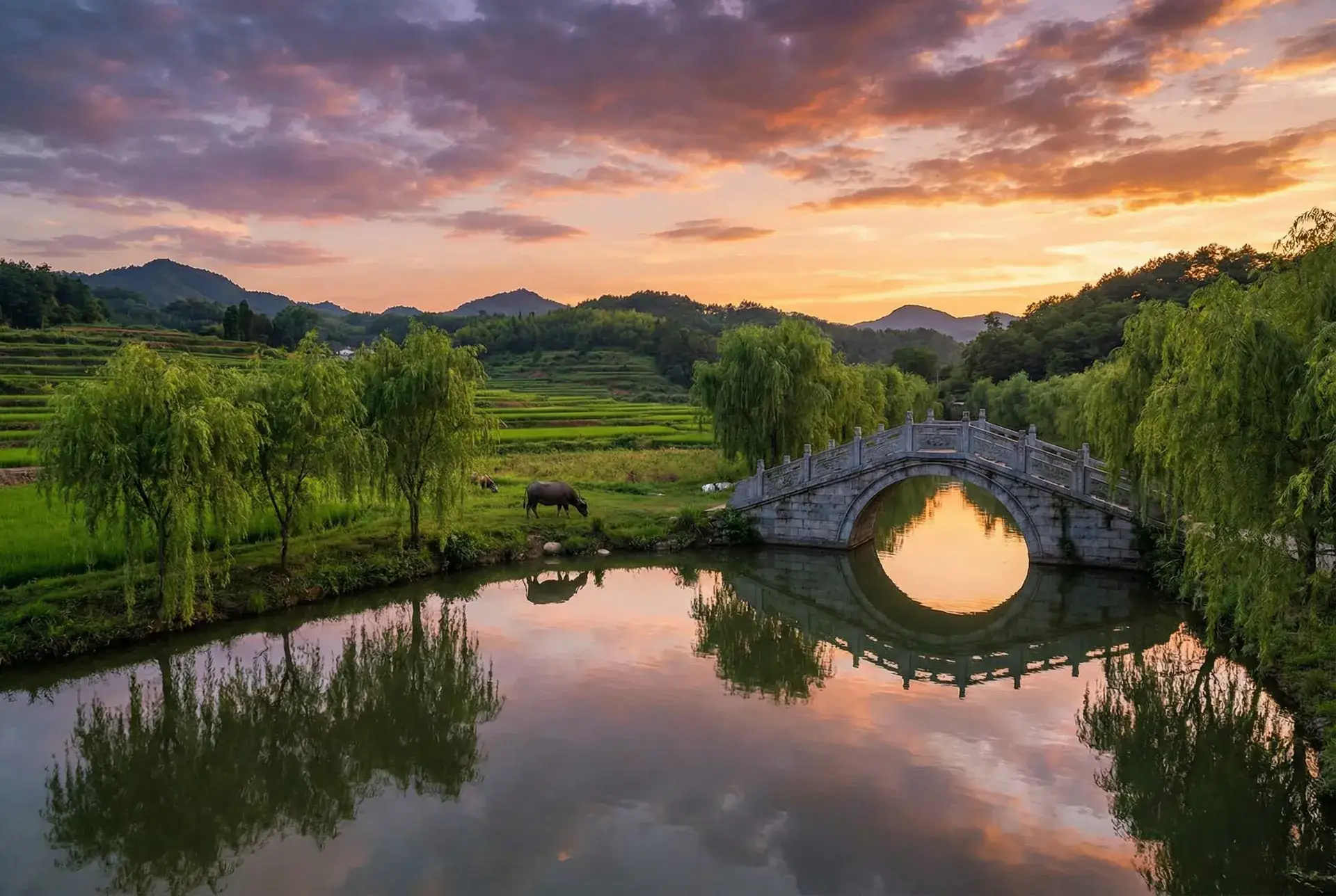 夕阳下的石拱桥与垂柳，水牛在河边吃草 - 成品网站w灬源码1377直播 乡村美景